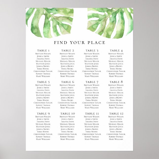 Impression de plan de table exotique vert. Mariage (Devant)