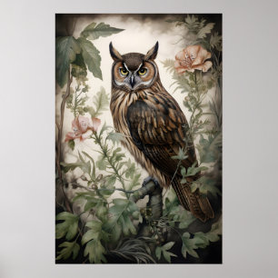 Impression de portrait de hibou floral, Dark Acade