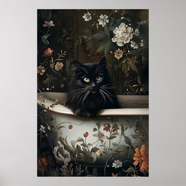 Impression de salle de bain de chat noir floral, g (Devant)