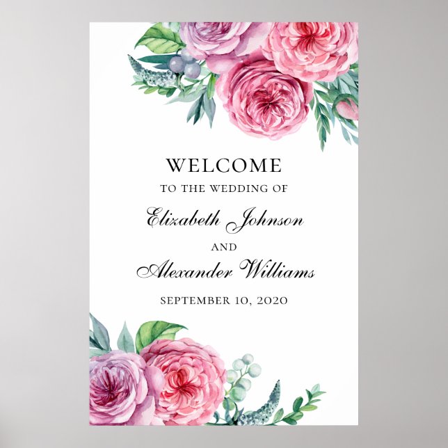 Impression de signe de bienvenue boho. Fleurs rose (Devant)
