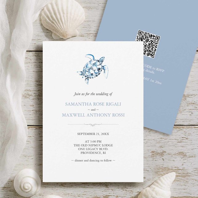 Impression des invitations de mariage de plage ave (Beach wedding invitations printing features a watercolor sea turtle and QR-code Do Tell A Belle)