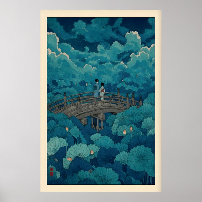 Impression d'étang de lotus de Hasui Kawase, Pont  (Devant)