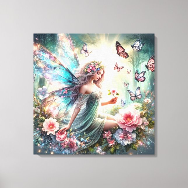 Impression en toile étirée - Fée, Fleurs, Papillon (Recto)