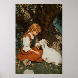 Impression Fille Et Chèvre, Art Imprimable Antique