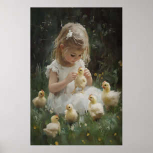 Impression Fille Et Poules, Mur De Cottage Vintage