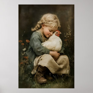 Impression Fille Et Poulet, Cottagecore Rustique