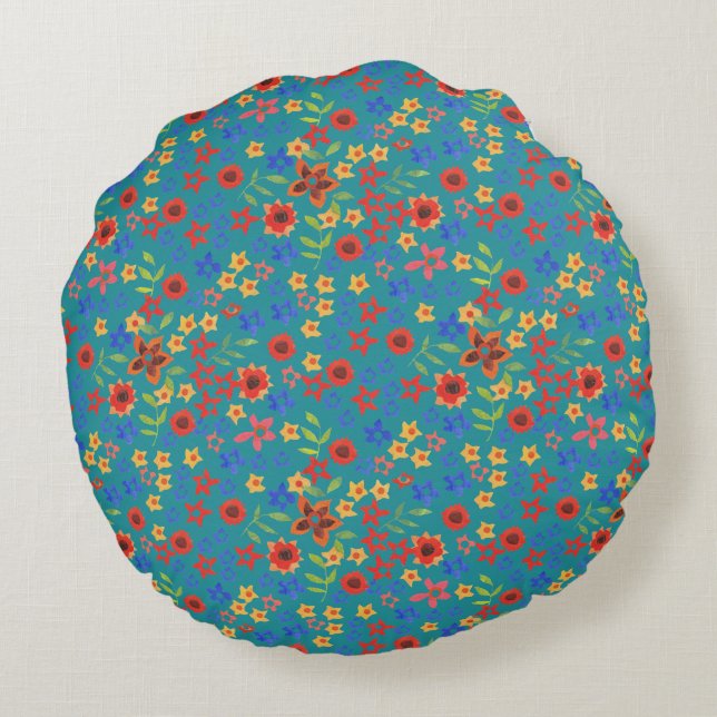 Impression florale rétro chic sur Coussin Turquois (Dos)