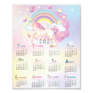 Impression Photo 2025 Calendrier Aquarelle Unicorn rose arc-en-ciel