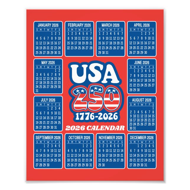 Impression Photo 2026 Calendar - USA 250 Red White Blue (Devant)