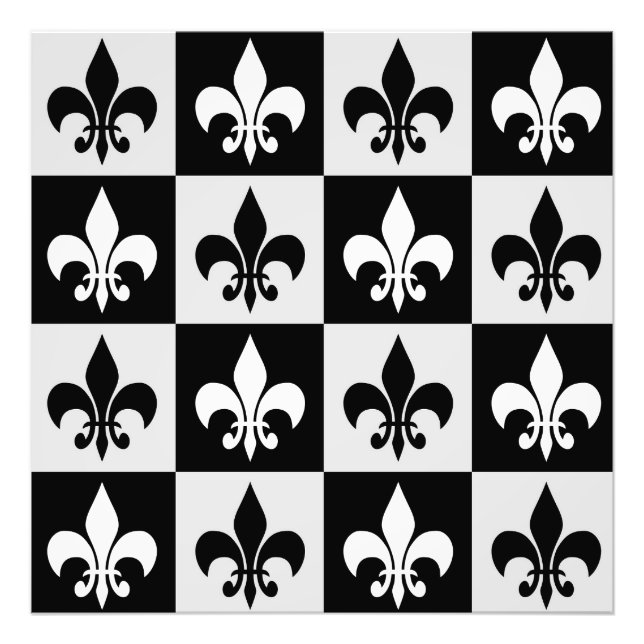 Impression Photo à damiers Blanc Noir Fleur-De-Lis Motif (Devant)