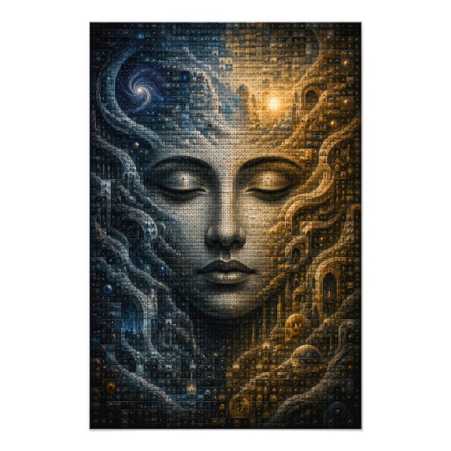 Impression Photo Affiche 3D Micro Mosaïque Visage Dualité Cosmique (Devant)