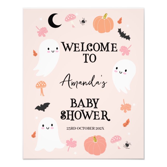 Impression Photo Affiche de bienvenue Baby shower d'Halloween rose  (Devant)