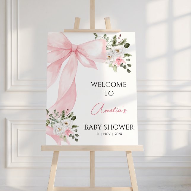 Impression Photo Affiche de bienvenue de Baby shower de Bow de fleu (Coquette Pink Bow Baby Shower Welcome Poster, Bow Baby Shower Welcome Sign, Pink Floral Winter)