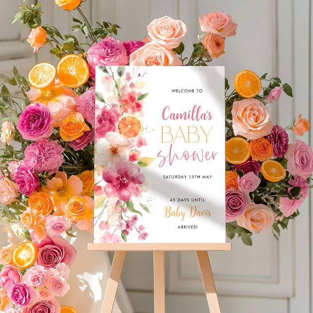 Impression Photo Affiche de bienvenue de Baby shower Floral Citrus  (Citrus Orange Bright Floral Baby Shower Welcome Sign)