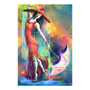 Impression Photo Affiche de Dame Dançant en Rouge avec Parapluie