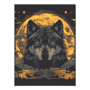 Impression Photo Affiche de loup pleine lune étoiles