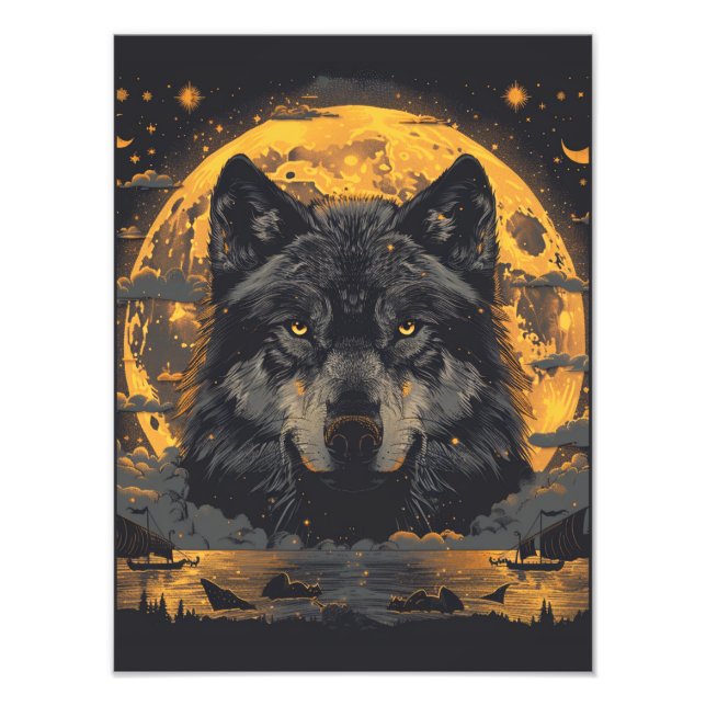 Impression Photo Affiche de loup pleine lune étoiles (Devant)