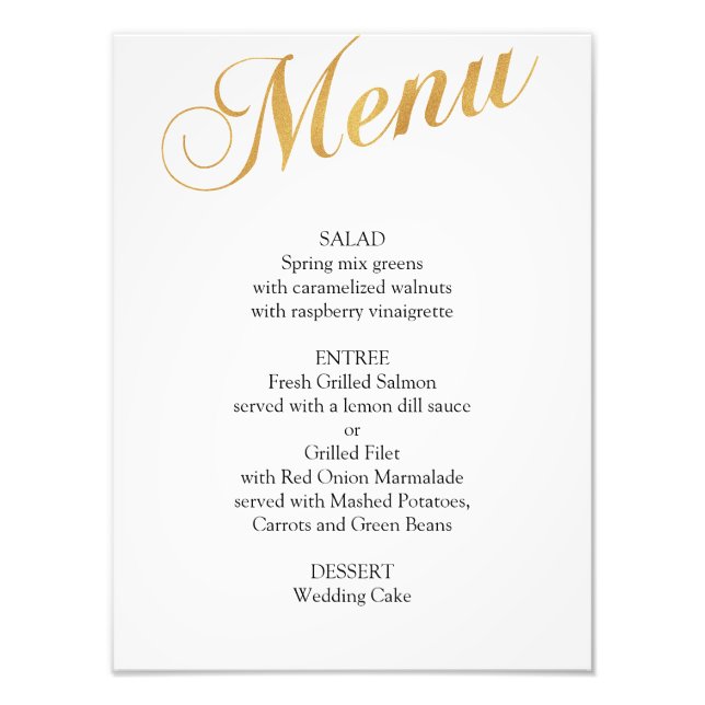 Impression Photo Affiche de menu de mariage en or. Menu de dîner él (Devant)
