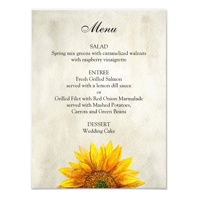 Impression Photo Affiche de menu de mariage tournesol. Menu de dîne (Devant)