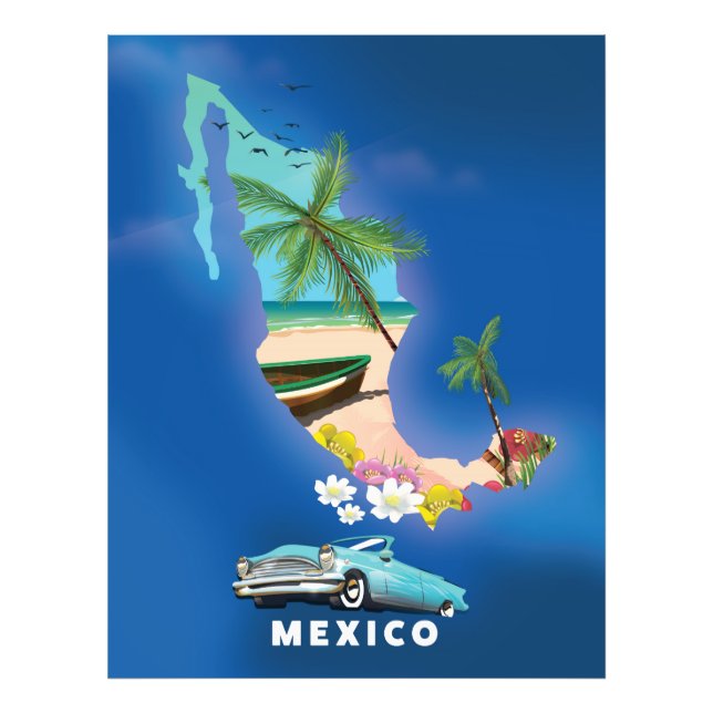 Impression Photo Affiche de voyage illustration carte du Mexique. (Devant)
