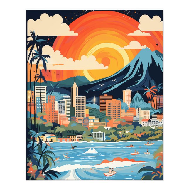 Impression Photo Affiche Honolulu Beach Couleurs vives AI Généré (Devant)
