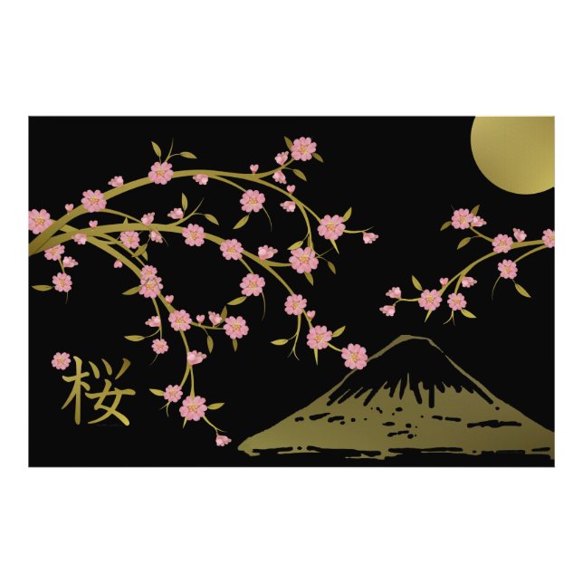 Impression Photo Affiche japonaise écran or noir Sakura rose (Devant)