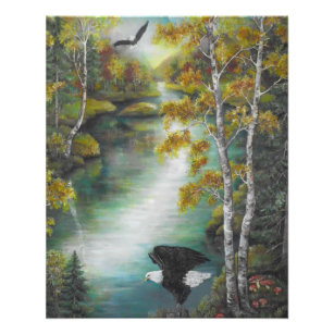 Impression Photo Aigles à l'automne peinture à l'huile de lac de mo