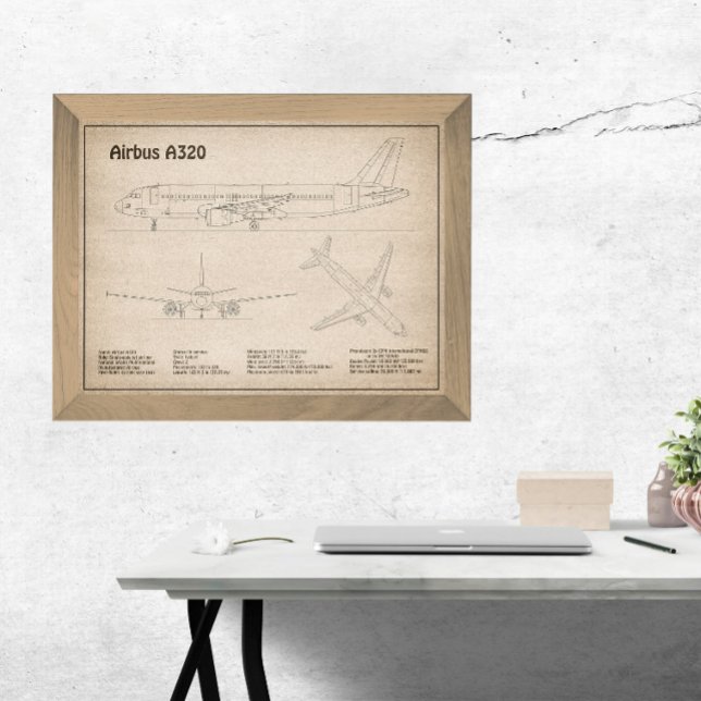 Impression Photo Airbus A320 - Dessins de plan de l'avion Plans SD (Airbus A320 - Airplane Blueprint Drawing Plans SD. Photo Print)