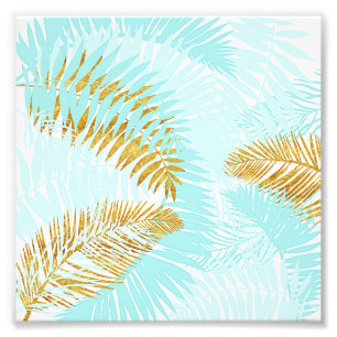 Impression Photo Aloha-Tropical Gold Metal Foil Aqua Palm Feuilles