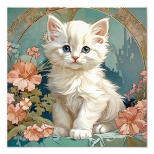 Impression Photo Alphonse Mucha Style Chat blanc