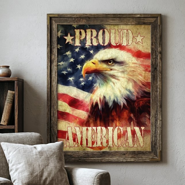 Impression Photo Américain fier. Aigle chauve et drapeau des États- (Proud American. Bald Eagle and United States Flag. Photo Print)
