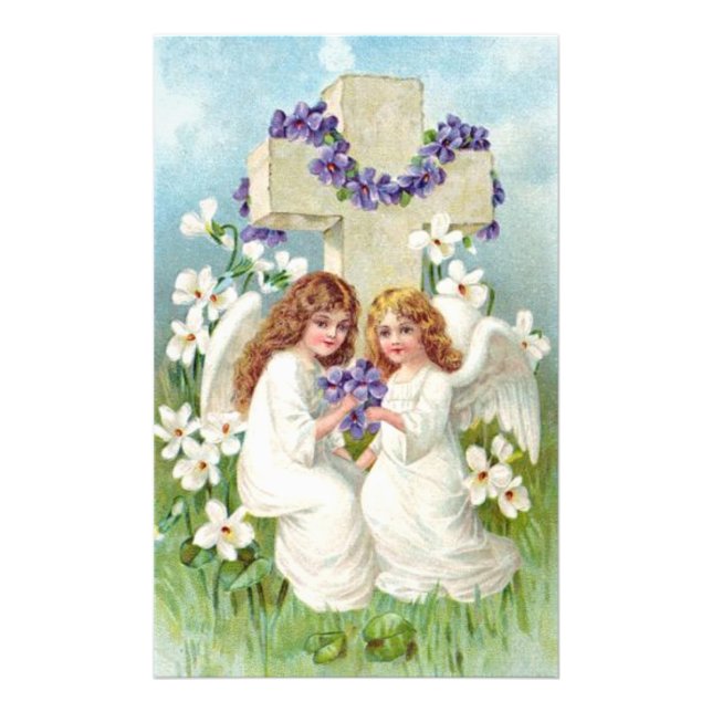 Impression Photo Anges Mignons Avec Croix Et Fleurs  (Devant)