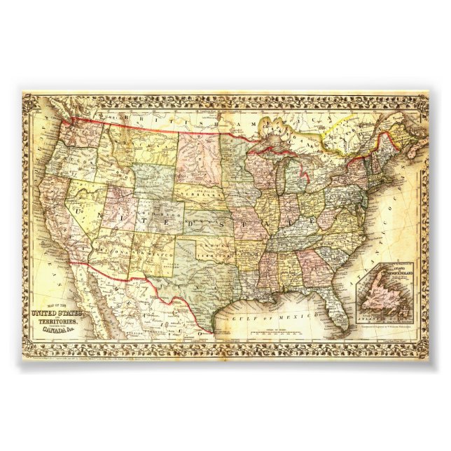 Impression Photo Antique United States Vintage Map Illustration (Devant)