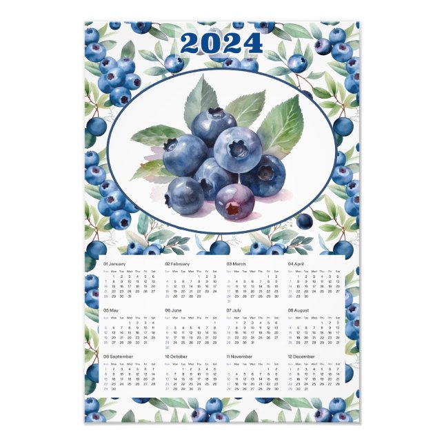 Impression Photo Aquarelle 2024 Calendrier Blueberries Vintages (Devant)