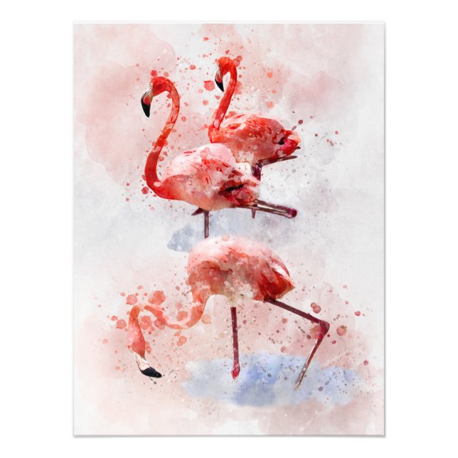 Impression Photo Aquarelle à trois Flamants roses roses (Devant)