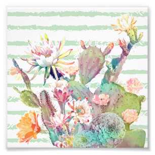 Impression Photo Aquarelle Cactus Floral Stripes Design