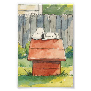 Impression Photo Aquarelle Chien Endormi sur une niche rouge Art
