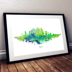 Impression Photo Aquarelle de la skyline de New York en bleu et ver