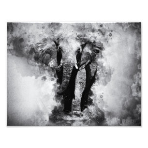 Impression Photo Aquarelle noire et blanche africaine Eléphant