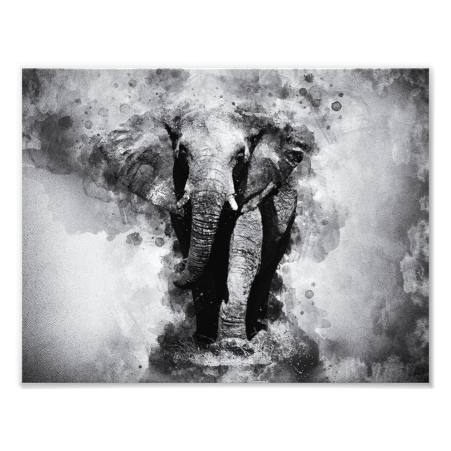 Impression Photo Aquarelle noire et blanche africaine Eléphant (Devant)