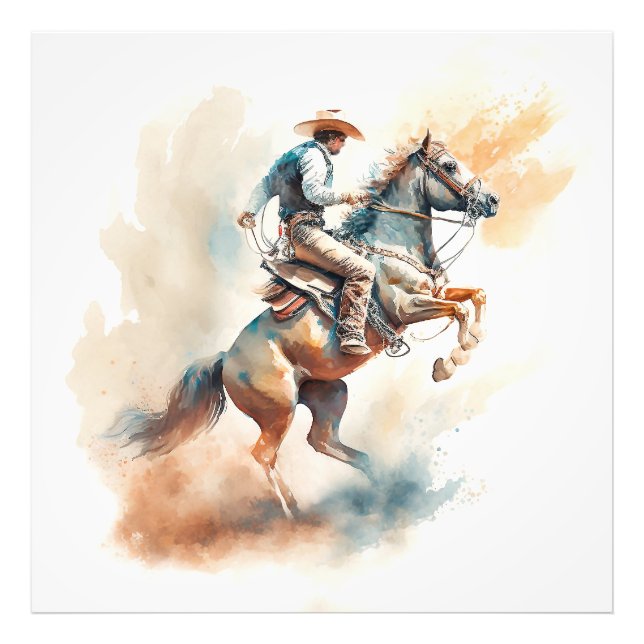 Impression Photo Aquarelle occidentale poussiéreuse « Bucking Bronc (Devant)