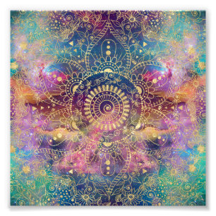 Impression Photo Aquarelle or et nébuleuse mandala