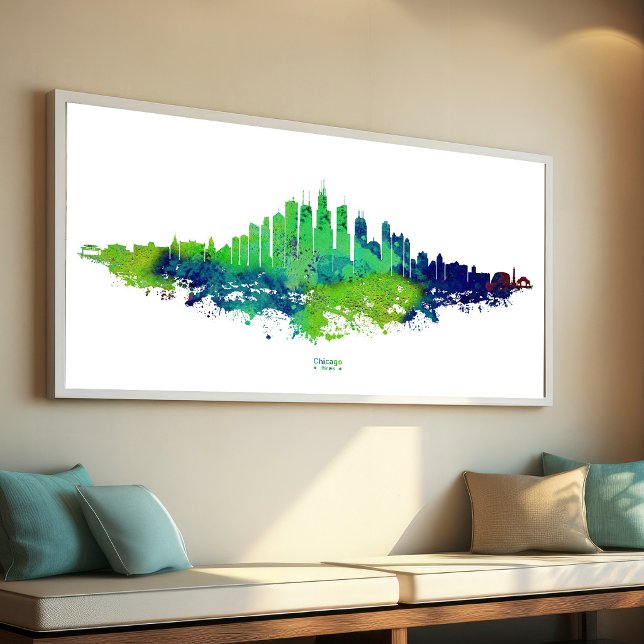 Impression Photo Aquarelle Skyline de Chicago en bleu et citron ver (Chicago Skyline Watercolor Blue & Lime Art Prints. Photo Print)