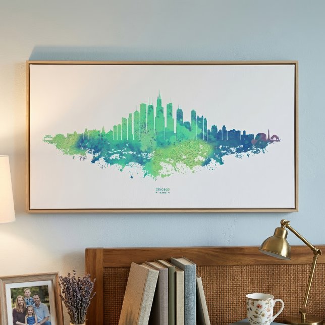 Impression Photo Aquarelle Skyline de Chicago en bleu et vert (Chicago Skyline Watercolor Blue Green City Art. Photo Print)