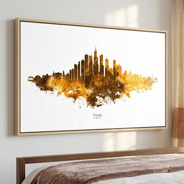 Impression Photo Aquarelle Skyline de Chicago en orange (Chicago Skyline Watercolor Orange Cityscape Art. Photo Print)