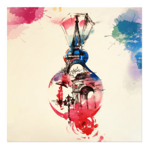 Impression Photo Aquarelle vintage d'amour de voyage de Tour Eiffel