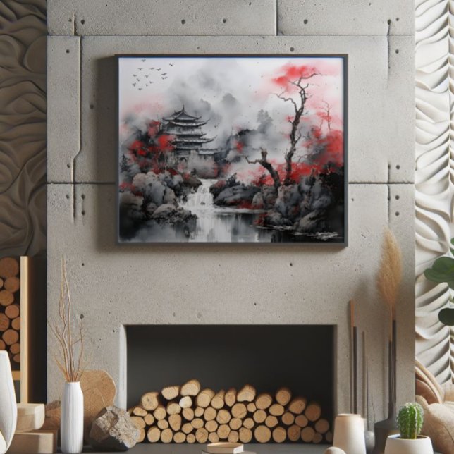 Impression Photo Arbre rouge et Maison asiatique (Créateur téléchargé)