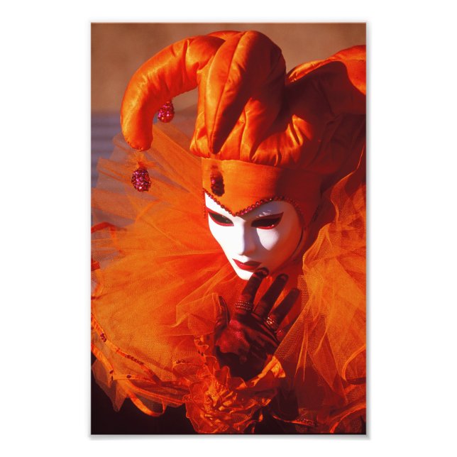 Impression Photo Arlequin en orange au Carnaval de Venise (Devant)