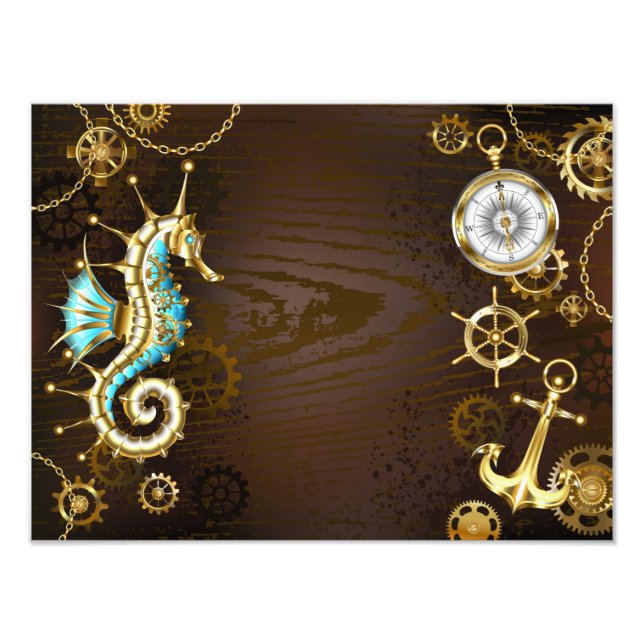 Impression Photo Arrière - plan en bois avec cheval de mer mécaniqu (Devant)