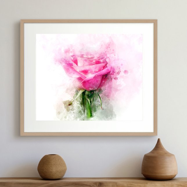 Impression Photo Art aquarelle de rose rose sur fond blanc (Pink Rose Watercolor Art on White Background. Photo Print)